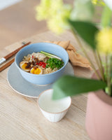 Brown ramen bowl with blue glaze