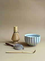 Matcha set with hand-painted blue-striped bowl