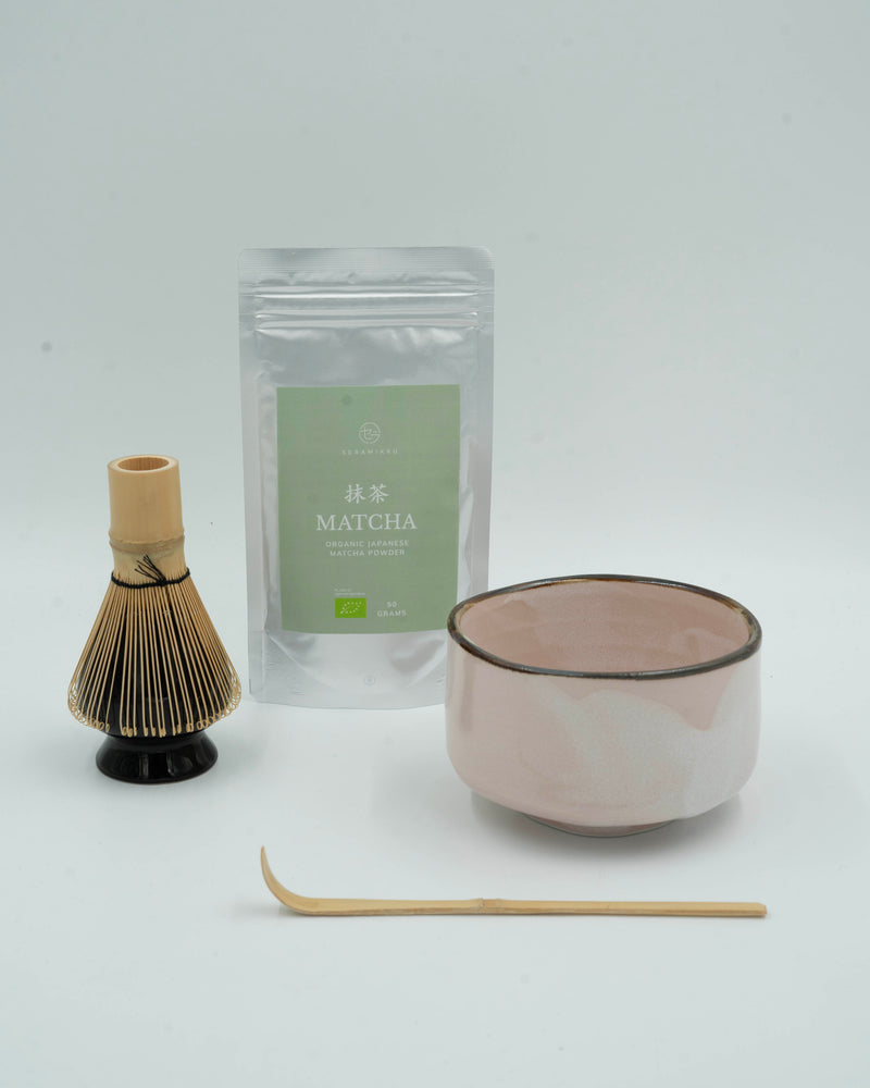 Matcha set with pink bowl - with matcha