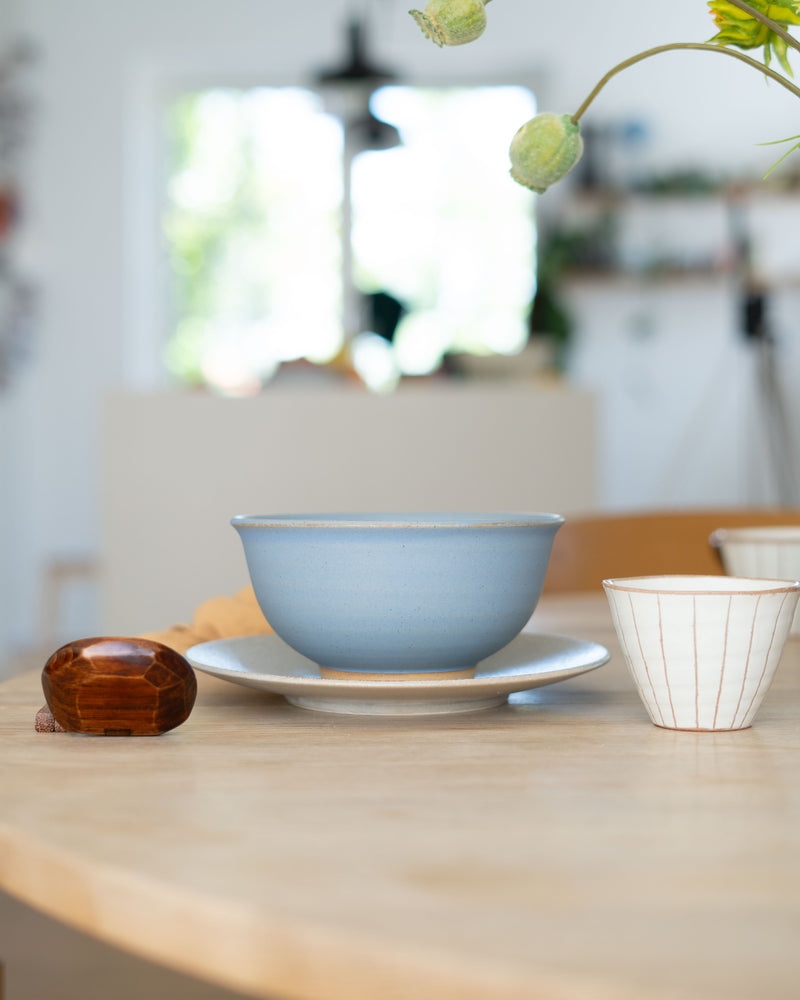 Brown ramen bowl with blue glaze