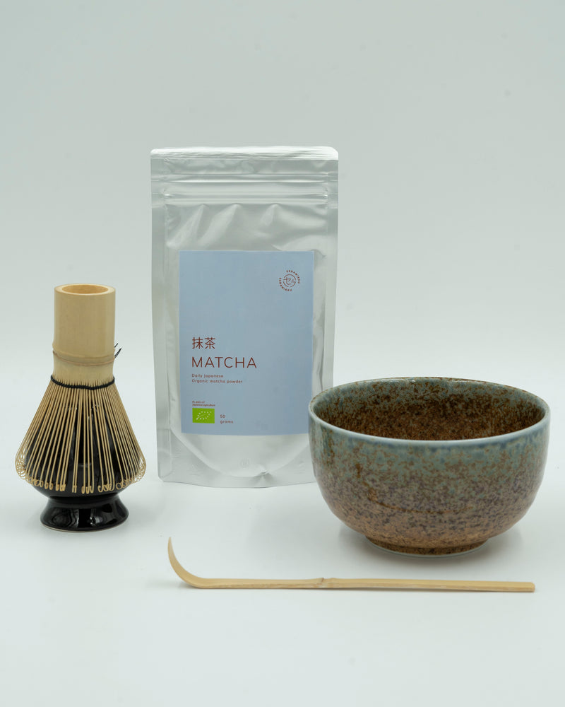 Matcha set with blue glazed bowl - with matcha