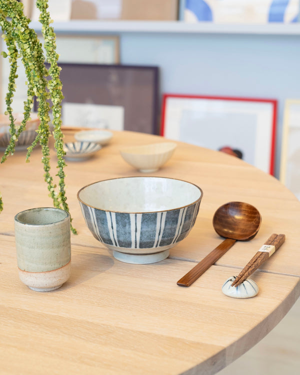 Blue and white striped ramen bowl