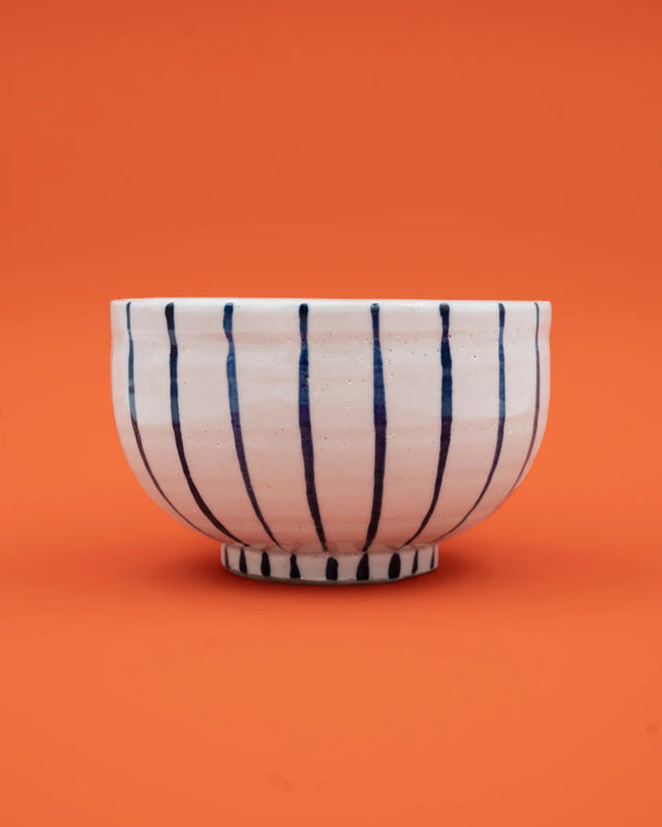 Hand-painted blue-striped matcha bowl 