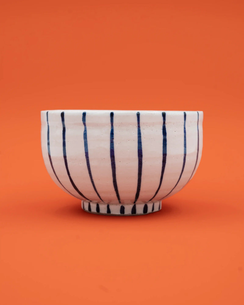 Hand-painted blue-striped matcha bowl 