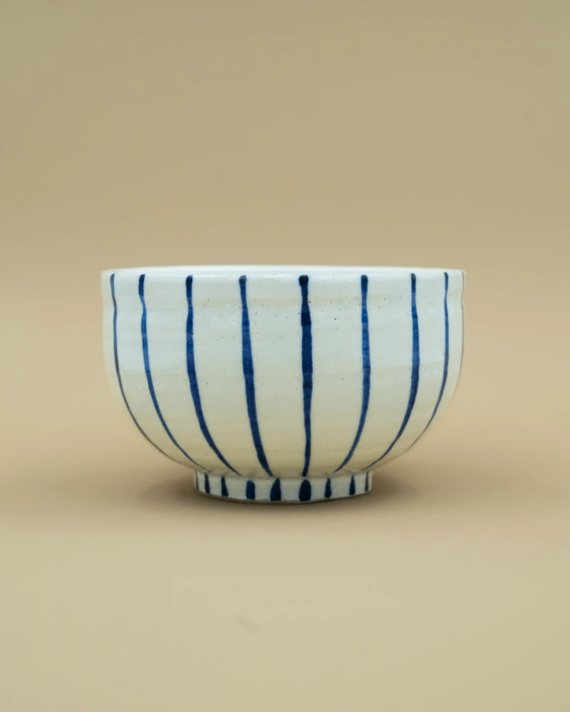 Hand-painted blue-striped matcha bowl 