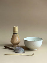 Matcha set with white bowl with glaze splash