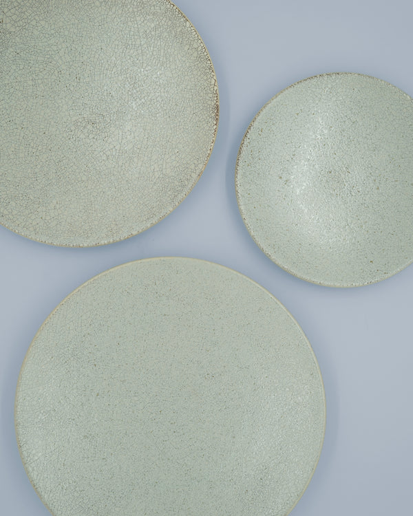 Large gray plate with cracked glaze