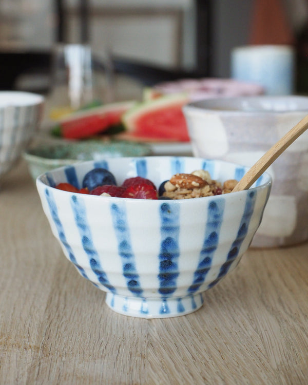Rice bowl with wide hand painted stripes
