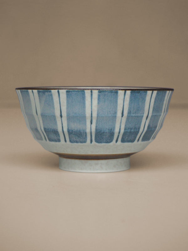 Blue and white striped ramen bowl